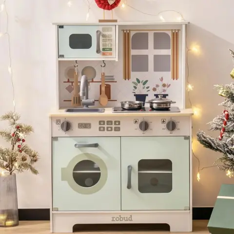 Robotime Robud Play Kitchen Wooden Play Kitchen Set Pretend Playset w/ Lights & Sounds Gift for Girls Boys Age 3+ Light Green