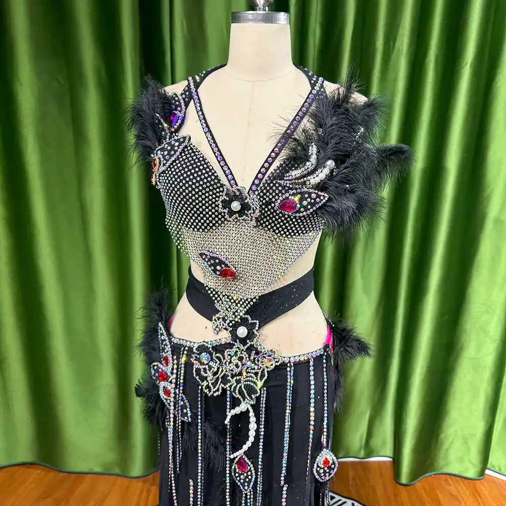 Customized Eastern Belly Dancewear Women Clothes Tassel Belly Dancing Bra Skirt Belt Oriental Dance Costume Group Stage Suit Set
