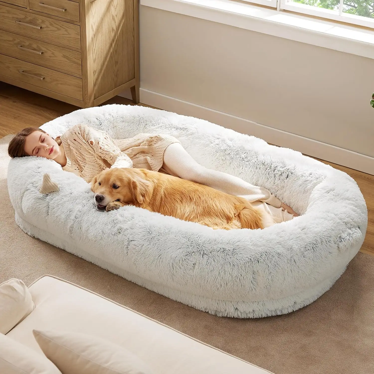 

Human Dog Bed 71' x 44' Orthopedic with Storage Pocket, Frost Grey Faux Fur
