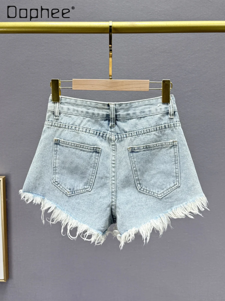 Heavy Industry Diamond-encrusted Fringed Denim Shorts Women Summer New High-waisted Slim-fitting European Wide-leg Hot Pants