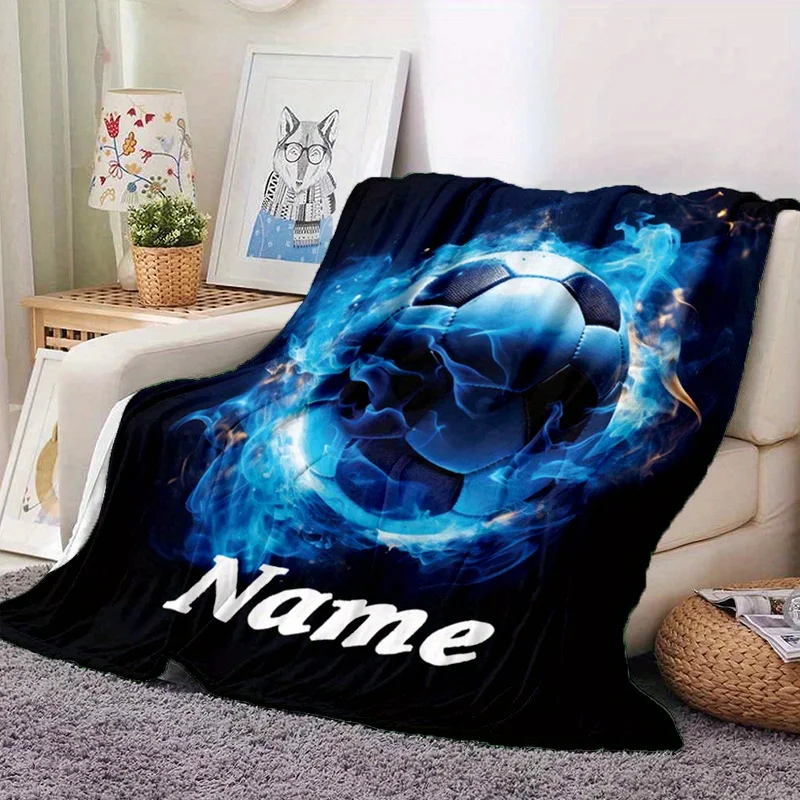 Personalisierte Fußball-Sport-Flanelldecke, individueller Name – Polyesterfaser, geeignet für Reisen und alle Jahreszeiten