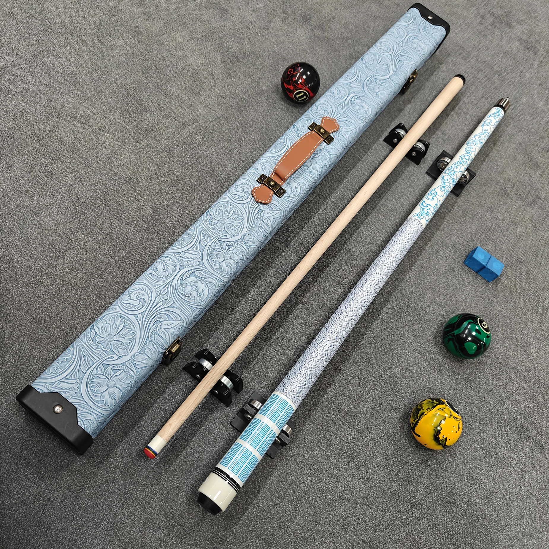 Maple Pool Cue Set - 12.5mm Tip, Blue Ceramic Coated Shaft, Hand-Wrapped Grip, Carved Cue Case & Accessories, Indoor Use