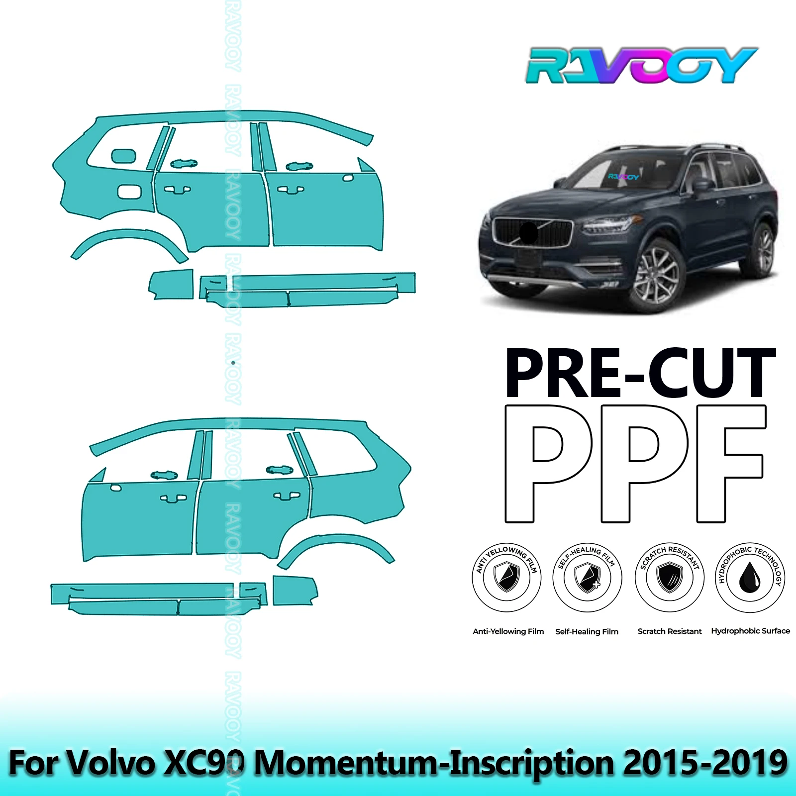 

For Volvo XC90 Momentum-Inscription 2015-2019 8.5mil Clear Matte Pre-Cut PPF Door & A/B Pillar Kit TPU Paint Protection Film Set