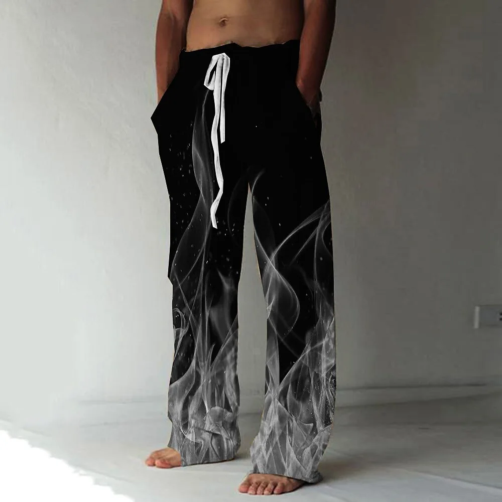 Pantalon de sport surdimensionné élastique à cordon de serrage transfrontalier, pantalon à jambe droite audio avec motif de flamme imprimé en 3D, décontracté, nouveau