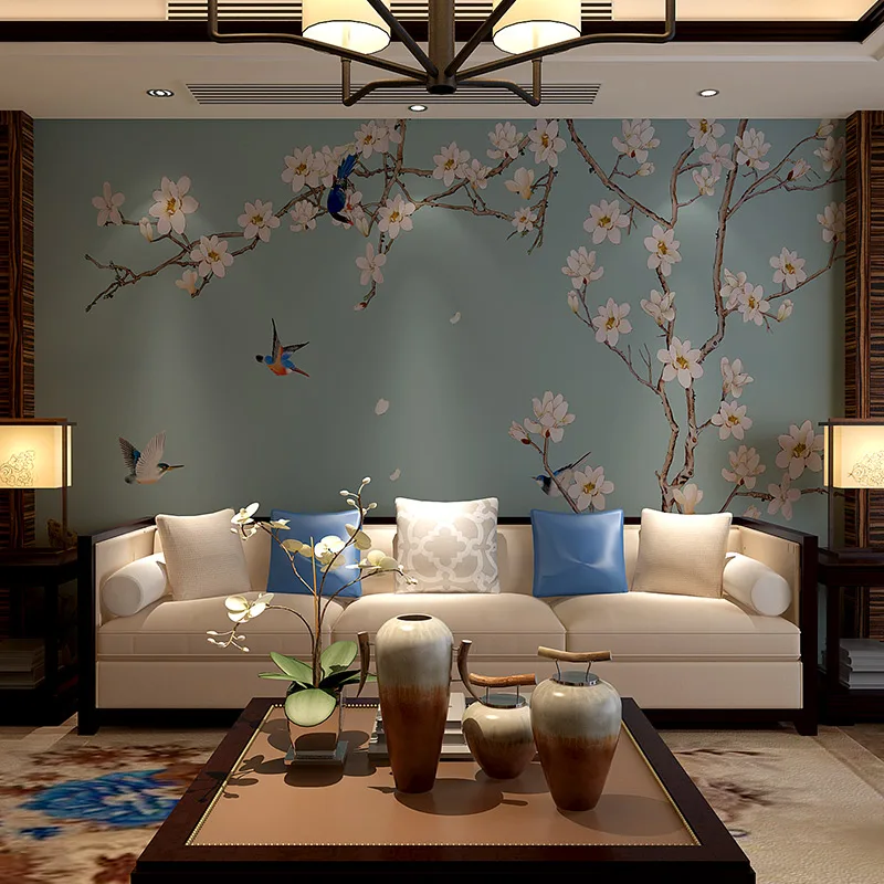 

Пользовательские 3D новый китайский диван гостиная ТВ фон настенные обои цветы и птицы фреска спальня ресторан 8d самоклеющиеся