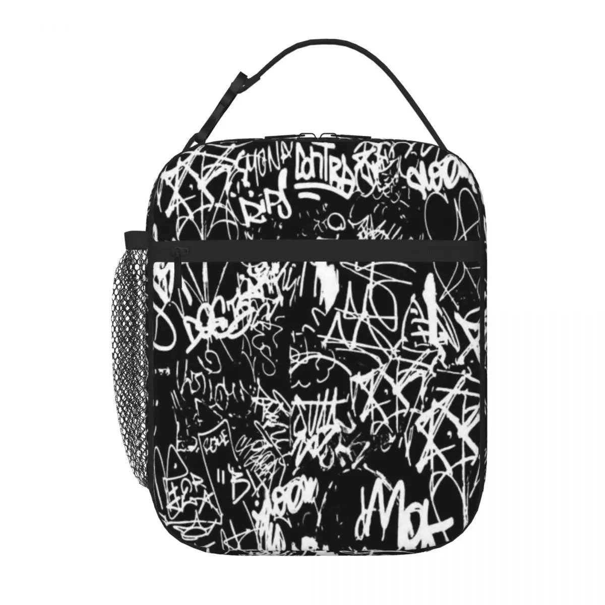 Bestselling Black And White Graffiti Abstract Collage Print Pattern Neutral Tone Lunch Handbag Short Journey Thermal Tote