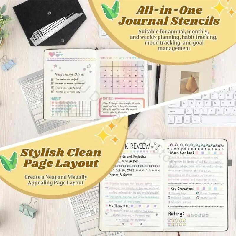 96BA Planner Stencil Set with Stainless Steel Journal Guide Templates, Ruler Scale, Checklist Blocks and Storage Sleeve for