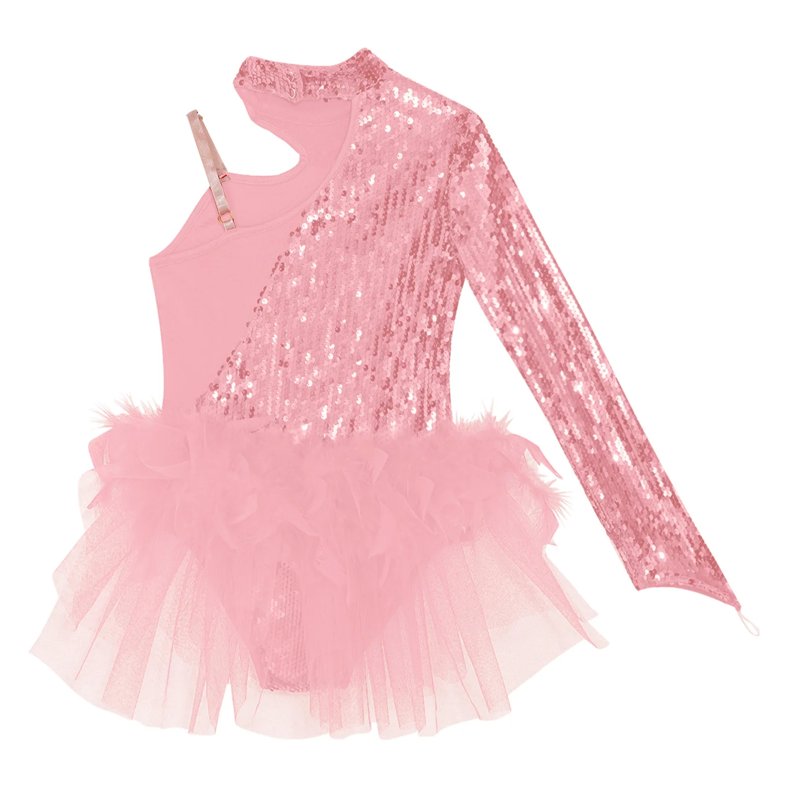 Traje de leotardo con falda de tul y lentejuelas brillantes para niñas, Traje de Ballet de manga larga con cuello simulado, traje de actuación de baile