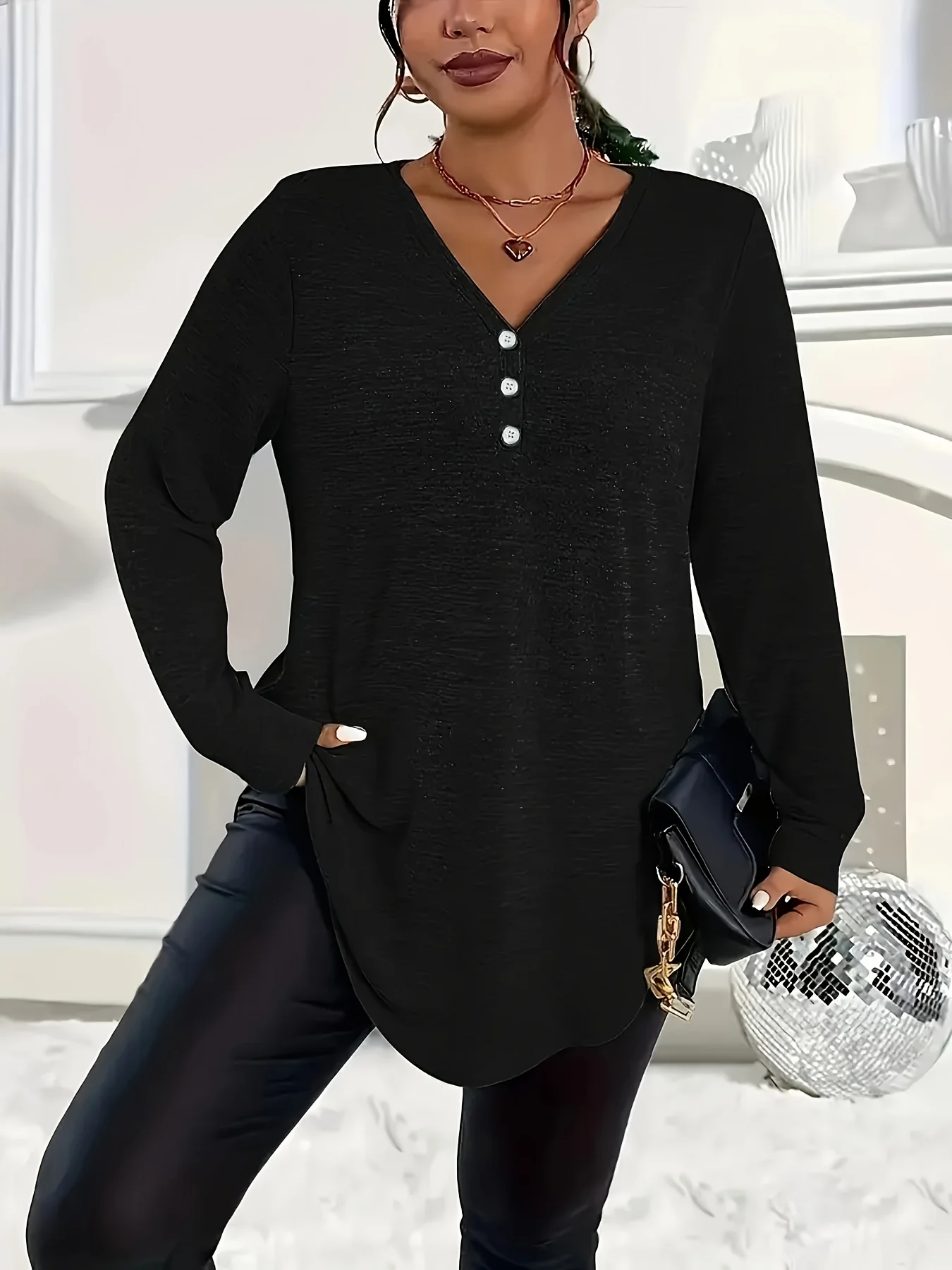 Plus Plus Size Women Long Sleeve T Shirt V Neck Henley Button Casual Loose Curved Hem Tunic Top Fall Daily Wear Tees - Aliexpress Deal