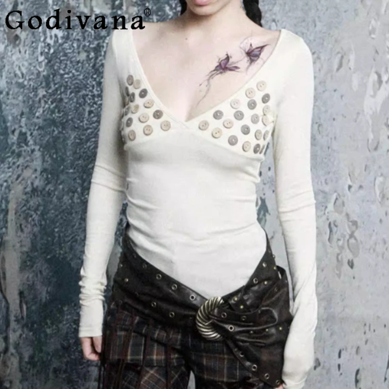 Spring Autumn Sexy V-neck Slim Button Fashion Street Long Sleeve T-shirt Personalized Girl Solid Color Versatile Leisure Top