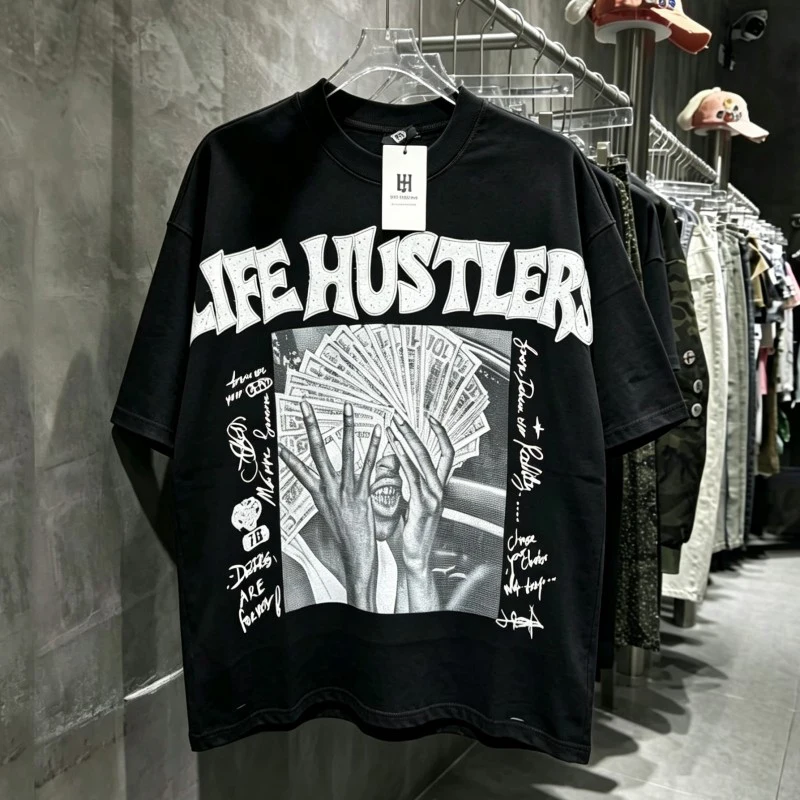 Hotfix Rhinestone Graffiti Letter Banknote Print Life Hustlers Tshirt Washed Worn Hole Black Round Neck Short Sleeve Men Women