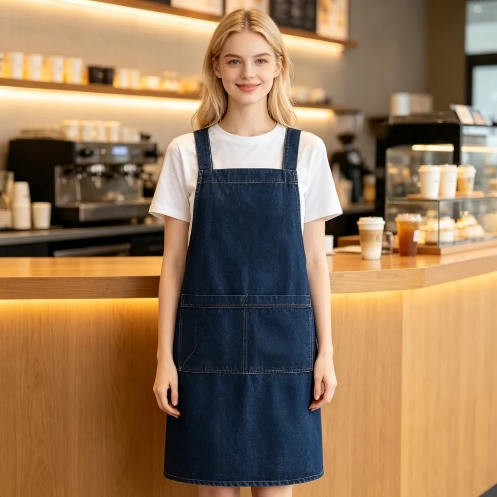 Adjustable Back Tie Denim Kitchen Apron Washed Denim Material Oil-proof Strap Style Apron Breathable Wear-resistant