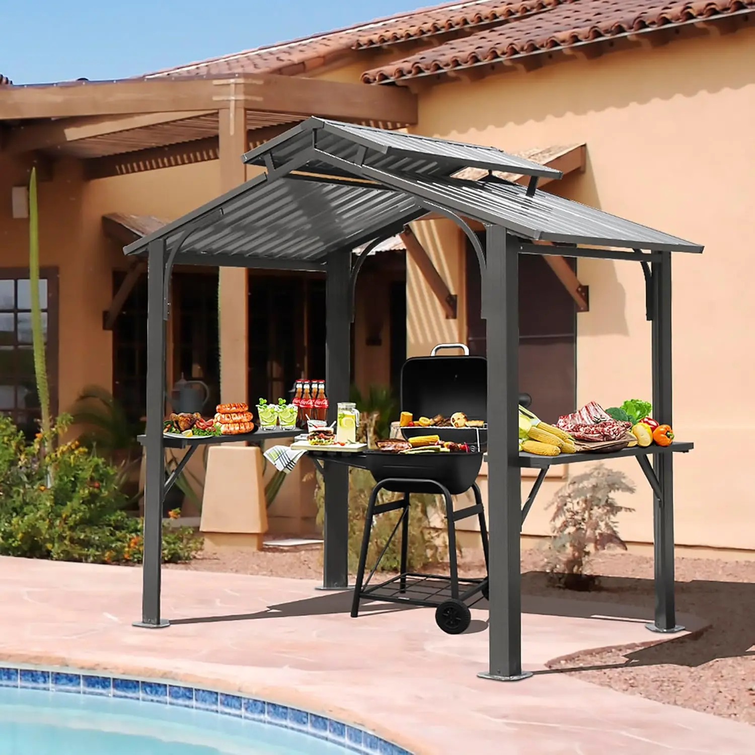 Outdoor Grill Canopy with Galvanized Steel Double Roof for Patio Lawn Backyard Deck, Brown