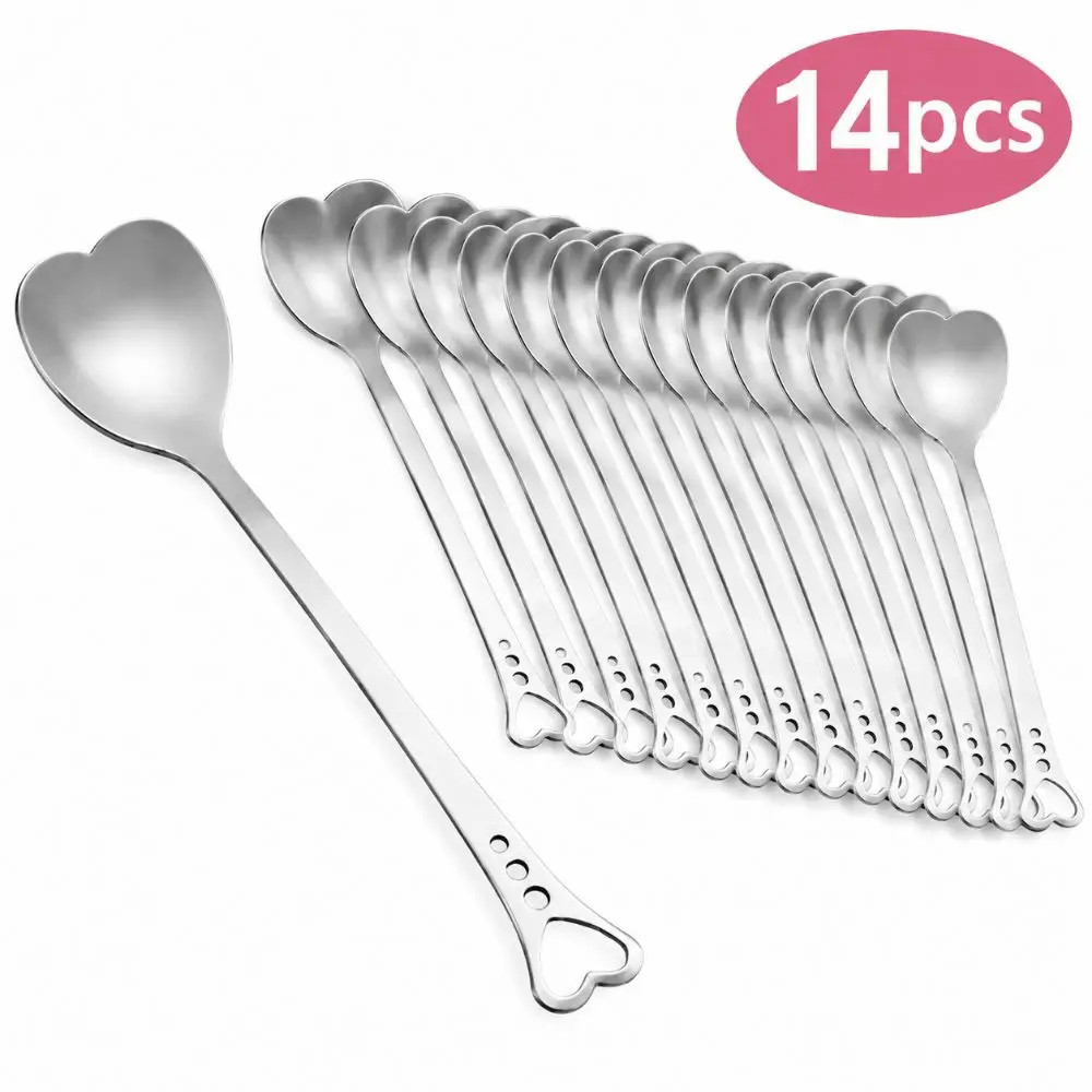 14Pcs Stainless Steel Dessert Spoons Hollow Handle Ergonomic Handle Coffee Spoons Heart Shaped Design Silver Sugar Spoon Dessert