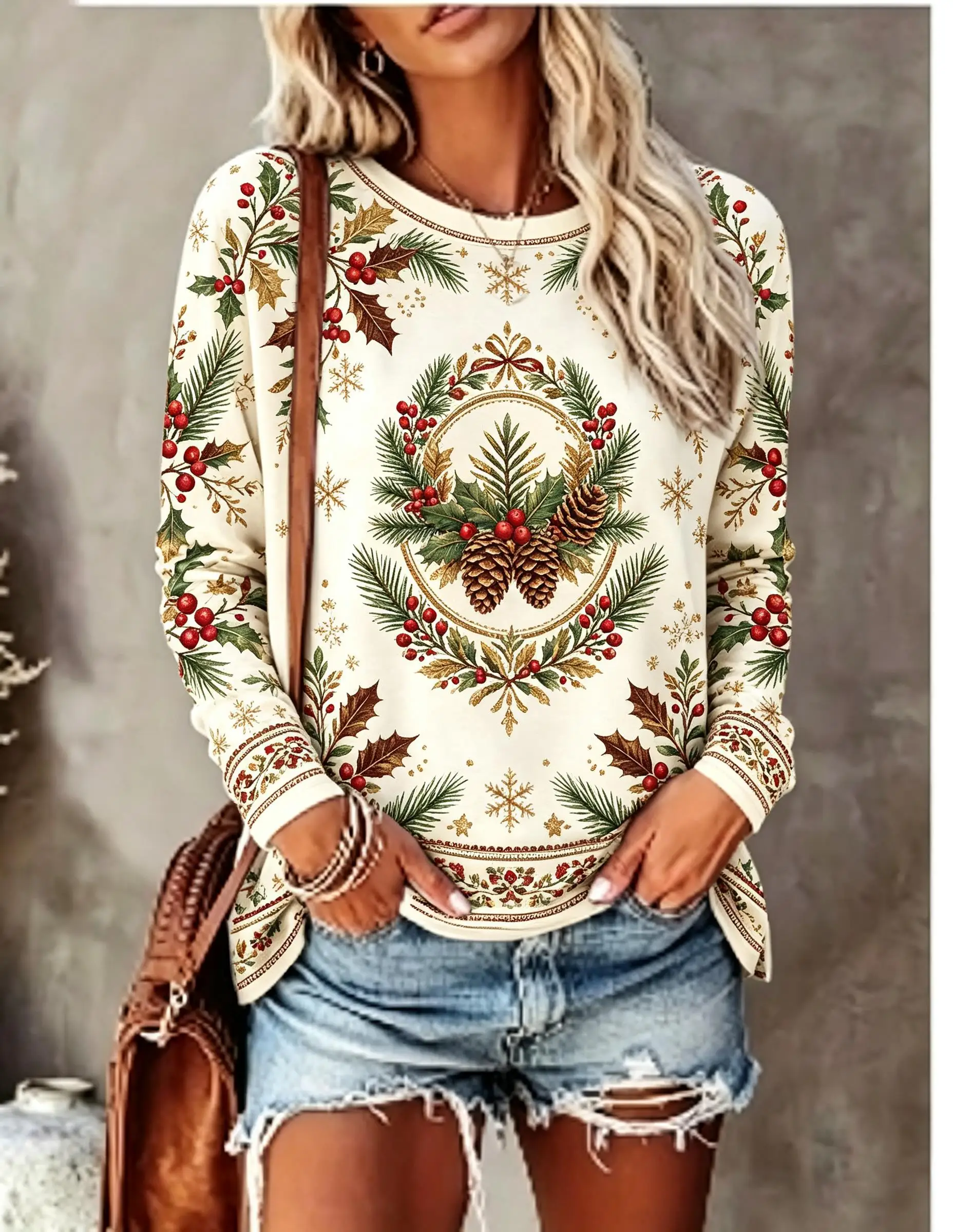 Women Crew Neck Long Sleeve T‑Shirt, Christmas Wreath Pine Cone Print Casual Loose Pullover Tops