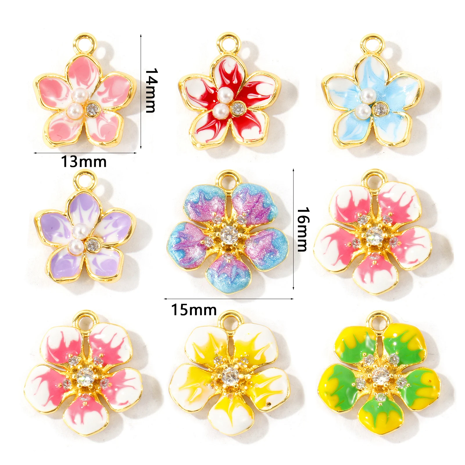 2pcs New Brass Charms 18K Gold Plated Flower Multicolor Enamel Clear Cubic Zirconia Pendants For Women DIY Bracelet Jewelry Gift