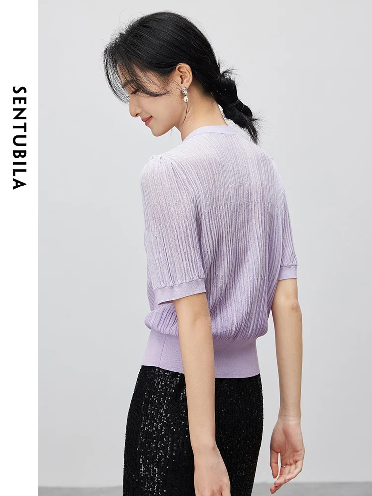 SENTUBILA Purple Hollow Out Knitted Cardigan 2024 Summer Comfort Round Neck Soft Short Sleeve Knit Tops for Women W42H55058