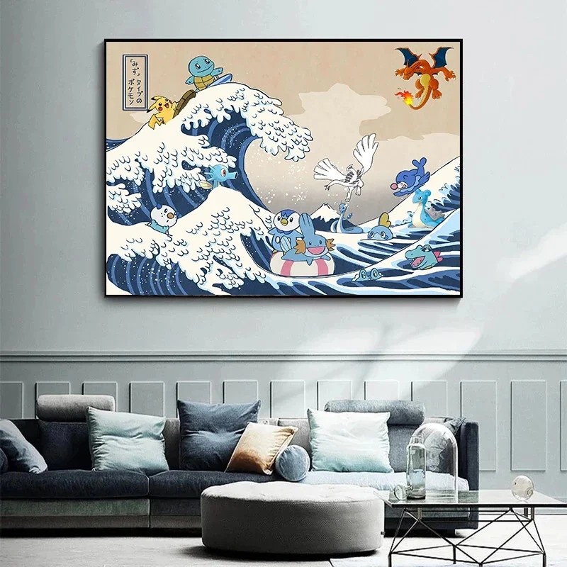 Pokemon Pikachu Great Wave Kanagawa Painting Canvas Painting Comic Posters and Prints Cuadros Wall Art Picture Living Room Decor