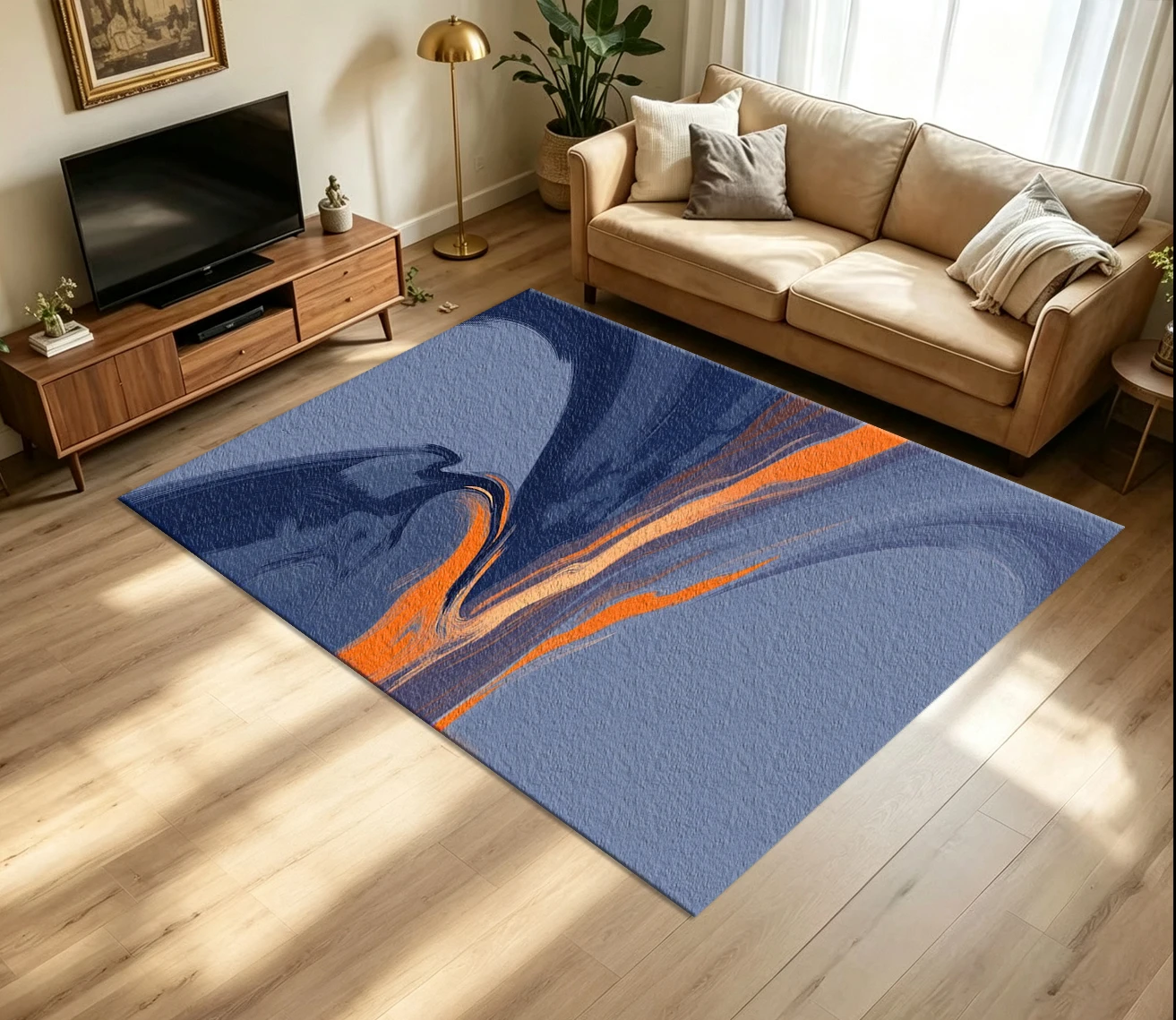 Navy Blue Orange Liquid Swirl Abstract Paint carpet flooring Modern Floor Decor Rug