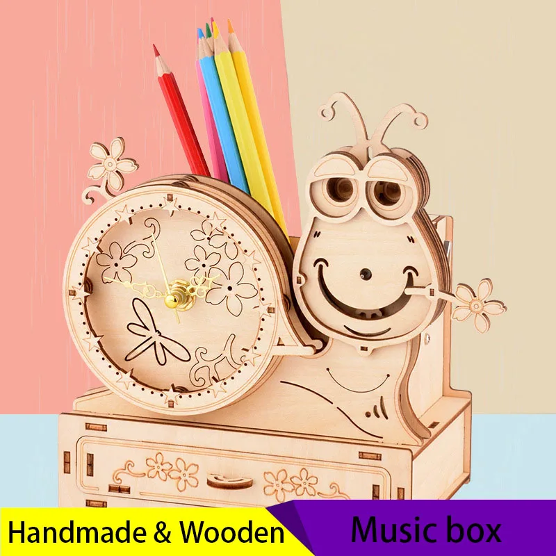 Wooden 3D Jigsaw Snail's Home Clockwork Music Box Penholder Adult Jigsaw Christmas Gift Children's Educational Toys