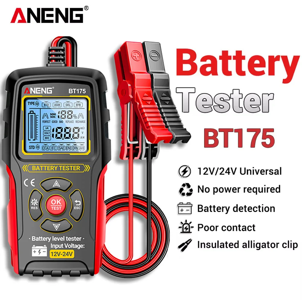 

Универсальный цифровой тестер автомобильных аккумуляторов ANENG BT175 с изолированными зажимами типа «крокодил», ЖК-дисплеем и профессиональными функциями диагностики