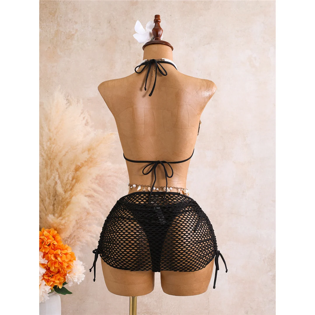 Mit Rock 3D-Blumen-Halter-Bikini Damen-Badebekleidung, dreiteiliges Bikini-Set, gepolsterter Badeanzug, Badebekleidung, Schwimmen V8346 – Detail 7