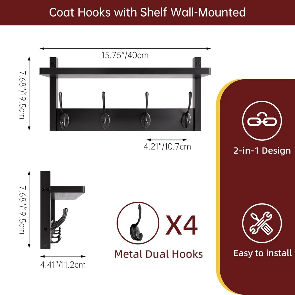 رف معطف مثبت على الحائط من الخيزران مع رف و8 خطافات لتنظيم المنزل