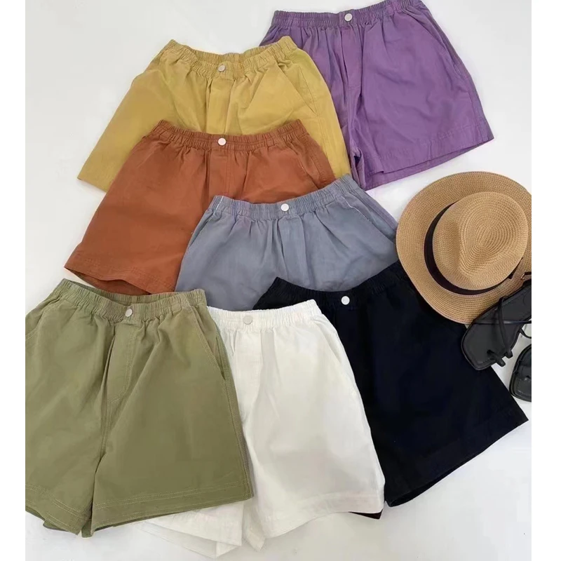 Johnature Casual New Elastic Waist Women Shorts 2024 Summer Simple All Match 7 Colors Loose Pockets Female Shorts