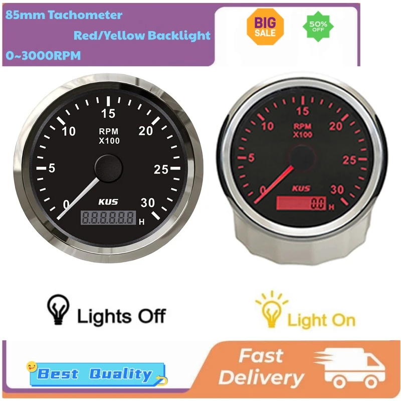 

Автомобильные тахометры KUS 85 мм, 0-3000 об/мин, водонепроницаемые счетчики оборотов для лодок с часомерами, красная/желтая подсветка, измерители оборотов