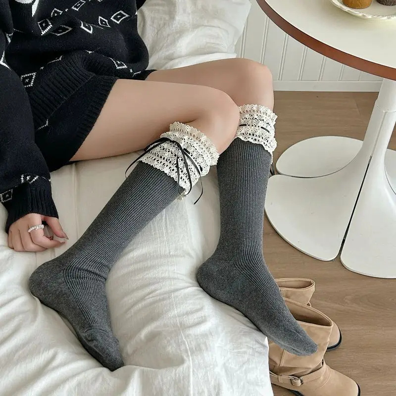Lolita Wide Lace Ribbon Ballet Socks Children Autumn and Winter Thin Women's Bow Mid Tube Socks Lolita Socks