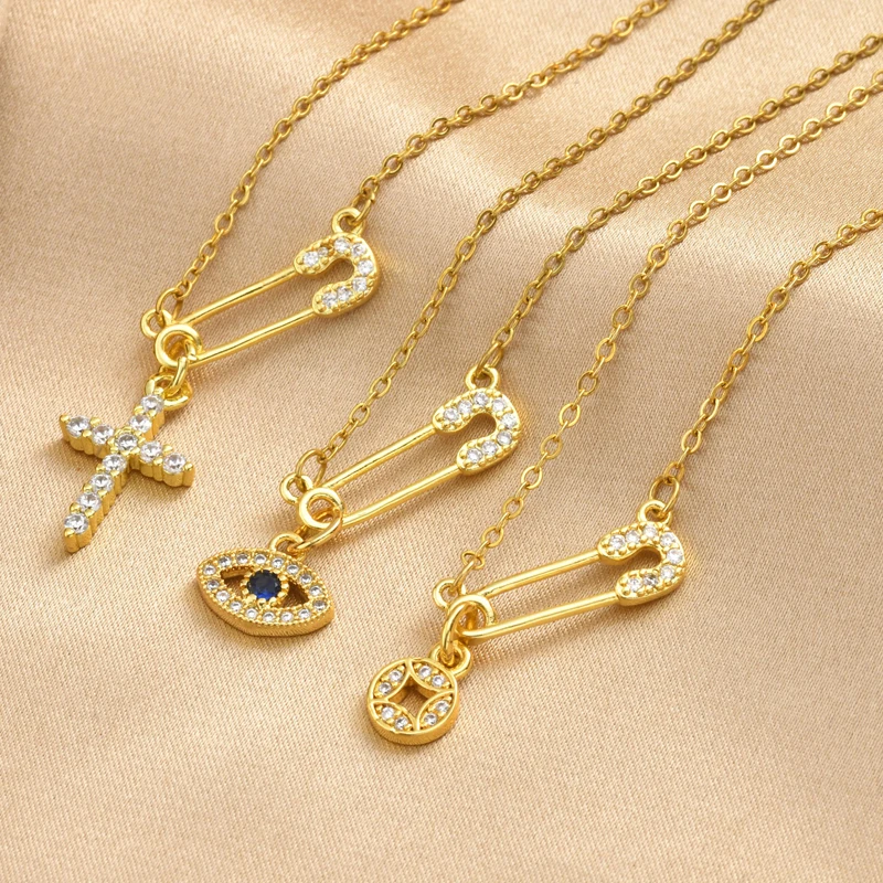 Protection Amulet Necklace Gold Plated Safety Pin Cross Blue Evil Eye Coin Charms Jewelry for Women Waterproof