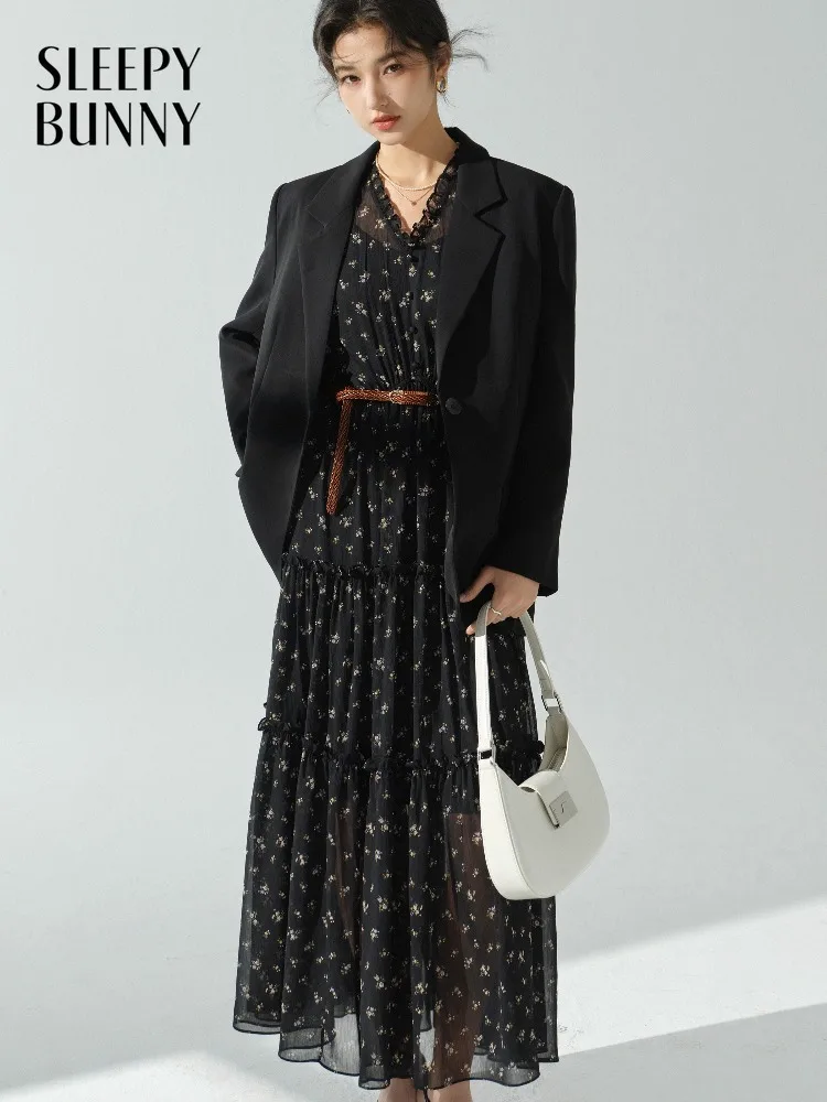 

French Vintage Floral Maxi Dress for Women Elegant High Waist Tiered Long Dress Chic Spring Casual Holiday Style Lady Outfit