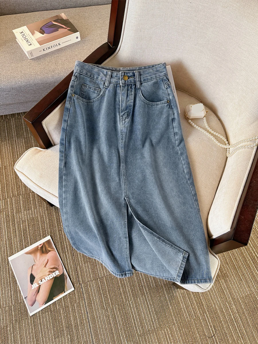 

Mid-length Women's Denim Skirt 2024 Summer New High Waisted Split A-line Half Skirts Korean Retro Thin Versatile Midskirts