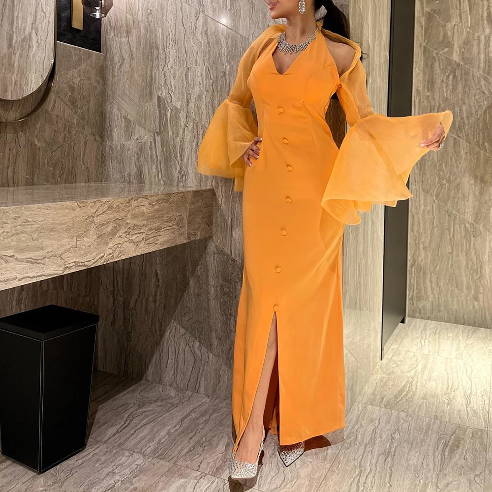 

High Quality Buttons Ruched V-Neck Ankle Length Front Slit Straight Bespoke Occasion Gowns Jersey Flare sleeves فساتين سهرة