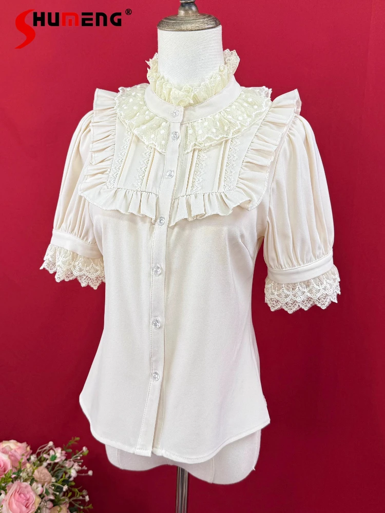 

Japanese Elegant Sweet Lolita Inner Blouse Stand Collar Short Sleeved Lace Stitching Single-breasted Versatile Shirts Tops Women