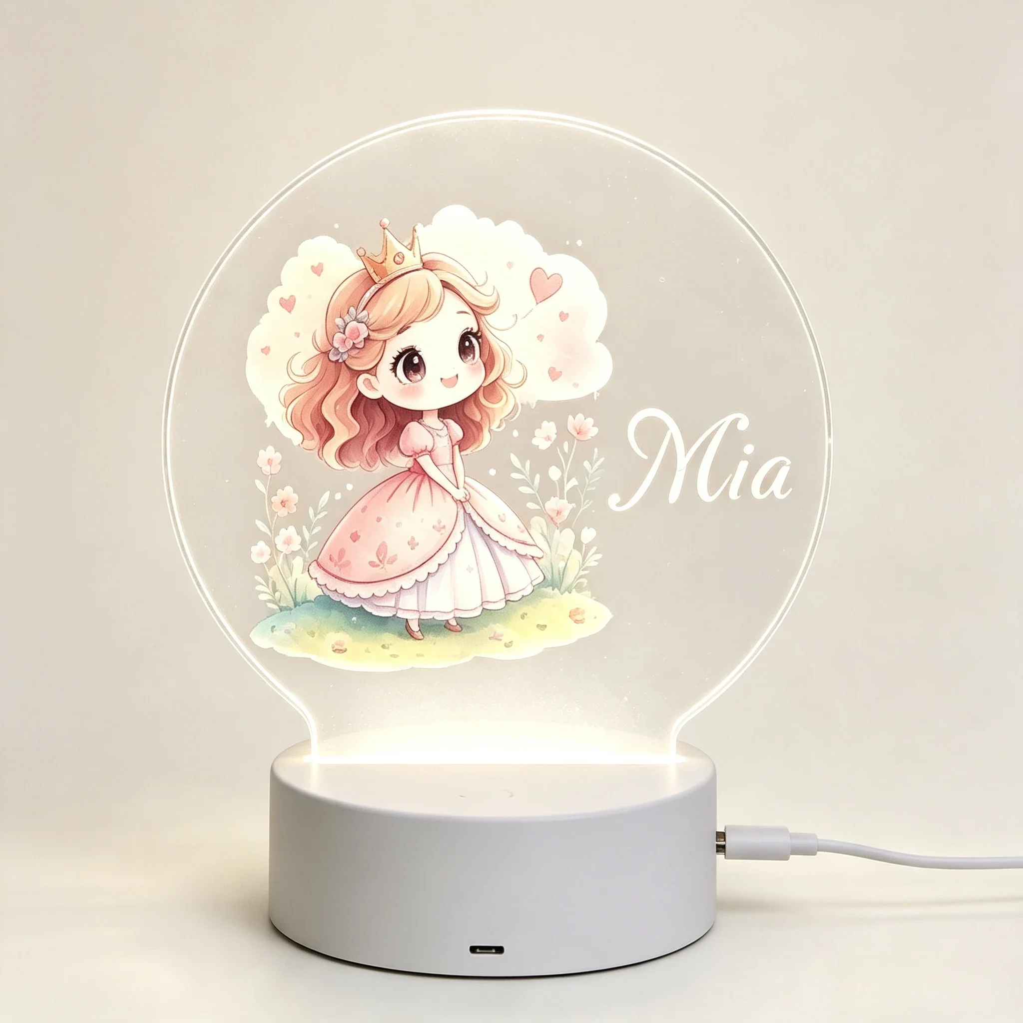 Cute Crown Little Princess Floral Round Acrylic Night Light Baby Girl Nursery Decor LED Lamp