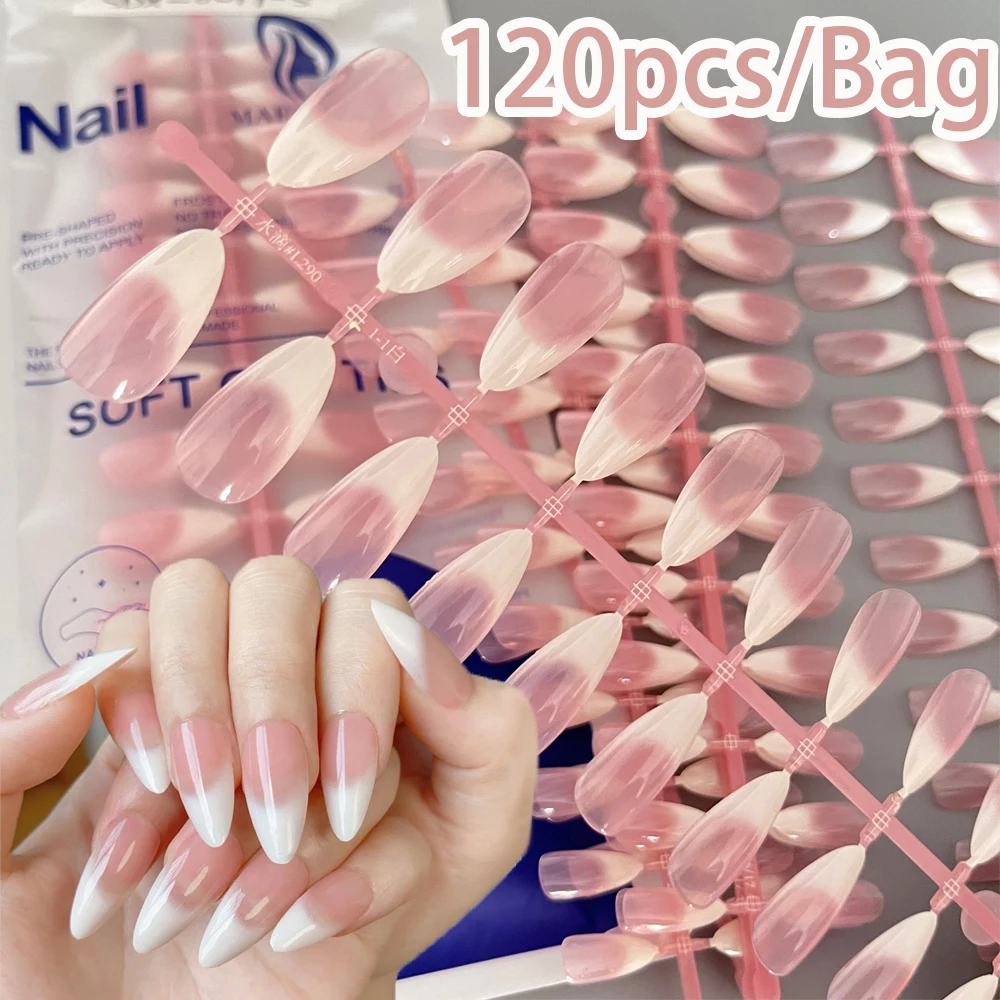 

120 шт./компл., розовые градиентные накладные ногти с французским кончиком ногтей, средние миндалевидные модные носимые накладные ногти, глянцевые полное покрытие, пресс на ногтях