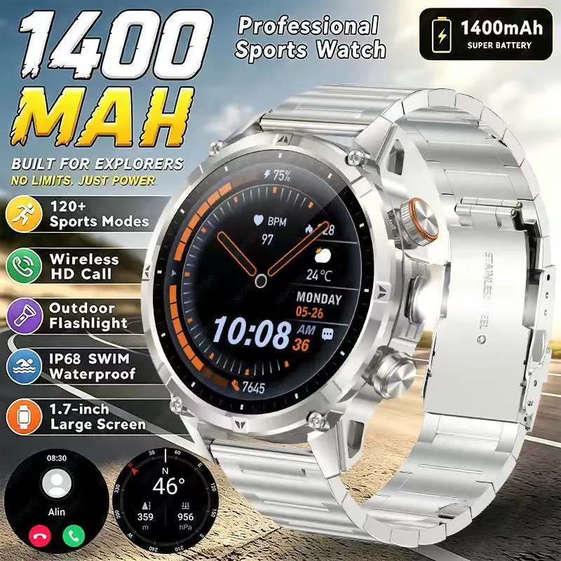 New Outdoor Adventure Smartwatch, Equipped with Large Battery SOS Wireless Calling Compass, Heart Rate Sleep Monitoring, Sports