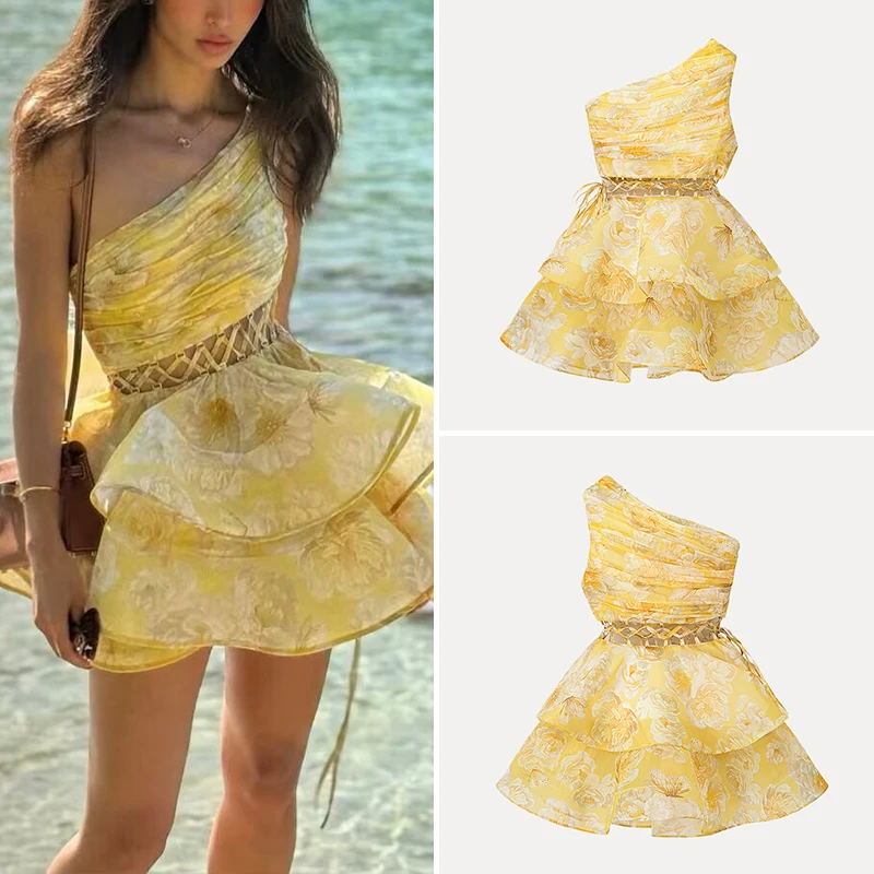 Faionable Floral Print Single oulder Waist-Cut out Women's Dr Summer 2025 New Arrival Ele Hollow out Design Dr