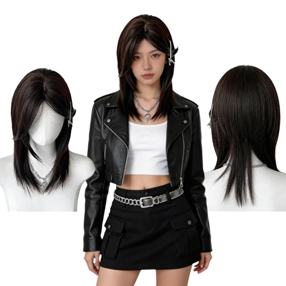 

Black Medium Long Wig For Women Layered Bangs Natural Straight Hair Wig Heat Resistant Synthetic Fiber For Daily Cosplay Party