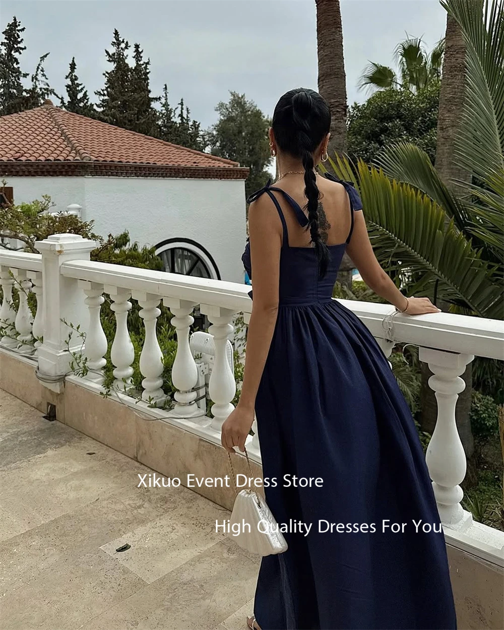 فستان سهرة أنيق من الساتان باللون الأزرق الداكن من Xikuo على شكل حرف A بحزام سباغيتي رداء كوكتيل نسائي قطع فيونكات فساتين حفلات مخصصة
