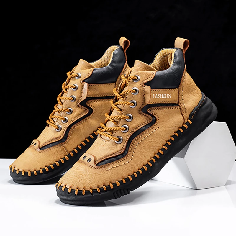 Mens Leather Boots Autumn Winter Vintage Handmade Sewing Soft Business Flat Casual Shoes Daily Comfortable Durable Walking Shoes