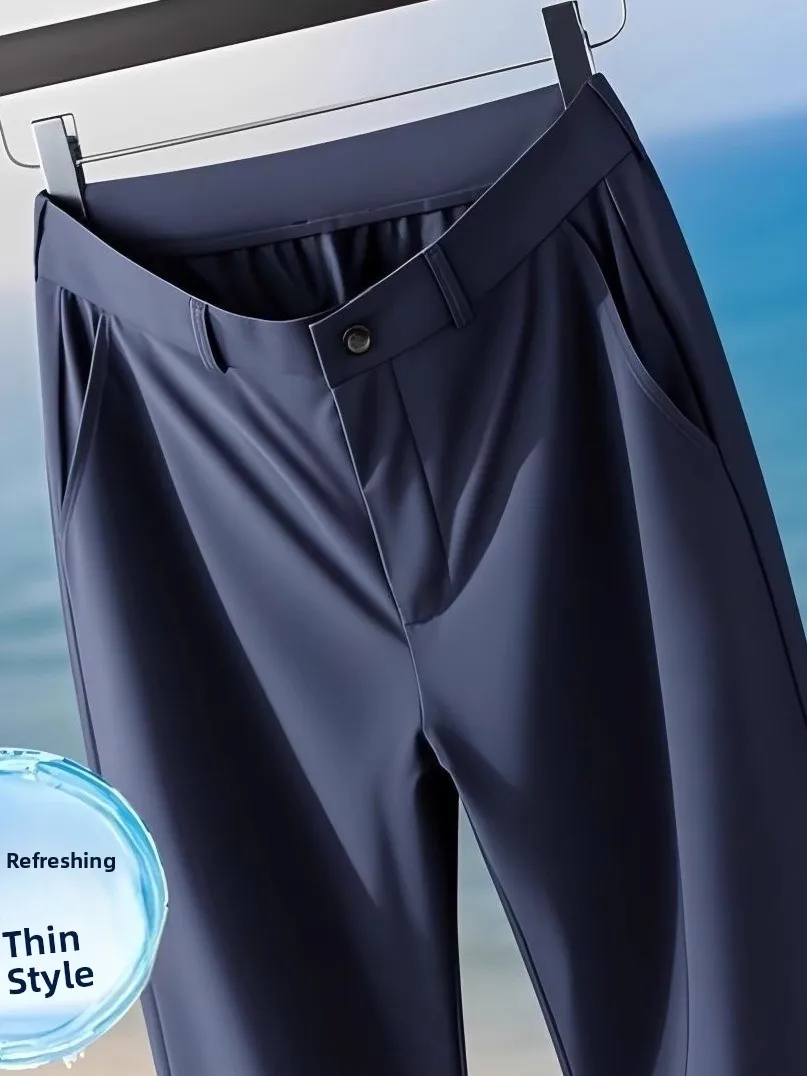 Men's Casual Straight Leg Pants Draped Light Blue Nine Points Slim Fit Summer Thin Westwear Trousers Youth Leisure Business S...