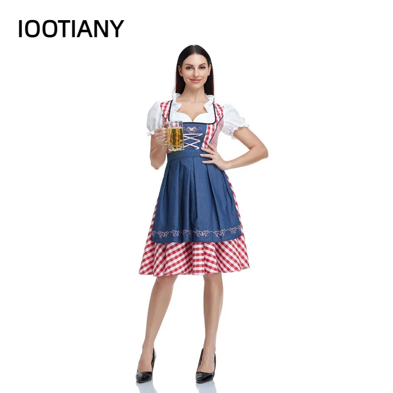 Female Traditional Bavarian Octoberfest Dresses German Beer Wench Costume Adult Plaid Oktoberfest Dirndl Dress With Apron