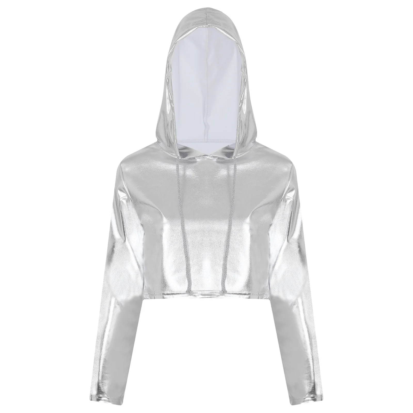 

Womens Clubwear Long Sleeve Hooded Crop Top Dance Performance Clothes Metallic Fashion Drawstring Rave Party Music Stage Costume