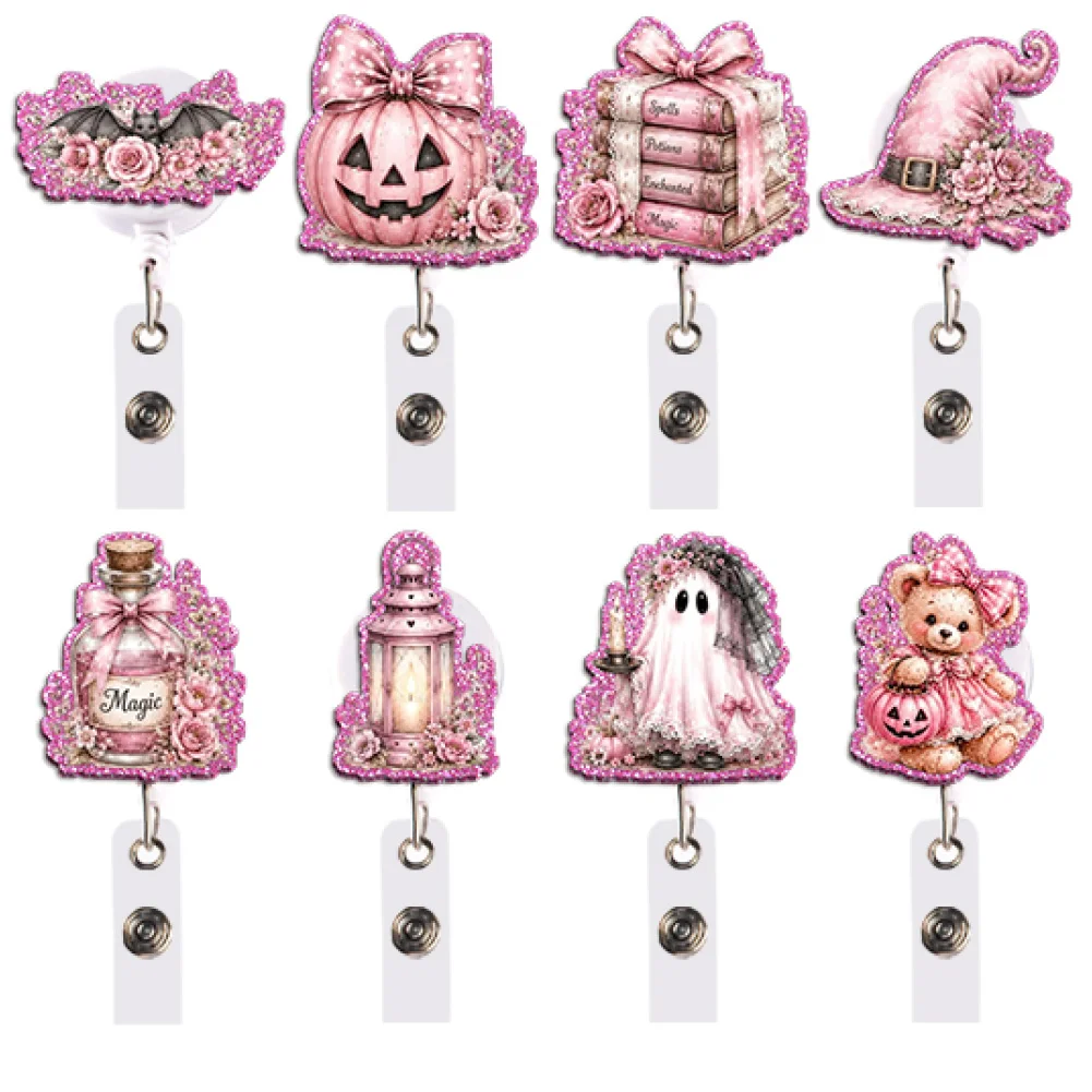 Kawaii Pink Halloween Badge Reel Retractable ID Holder Pumpkin Ghost Witch Hat Teddy Gift for Teacher Office Work Party Crew