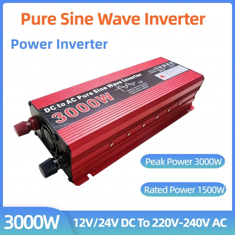 3000W Pure Sine Wave Inverter DC 12V 24V To AC 220V 50Hz Portable Power Supply Converter Voltage Converter Car Solar Inverter