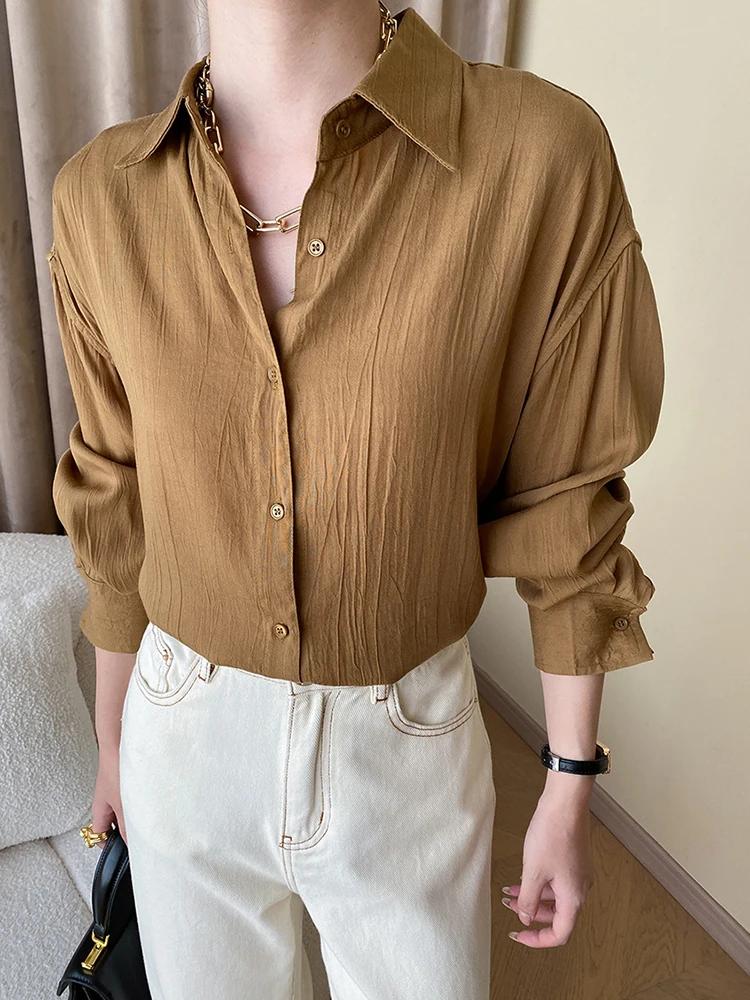 Women Brown Pleated Big Size Casual Blouse New Lapel Long Sleeve Loose Fit Shirt Fashion Tide Spring Autumn O584