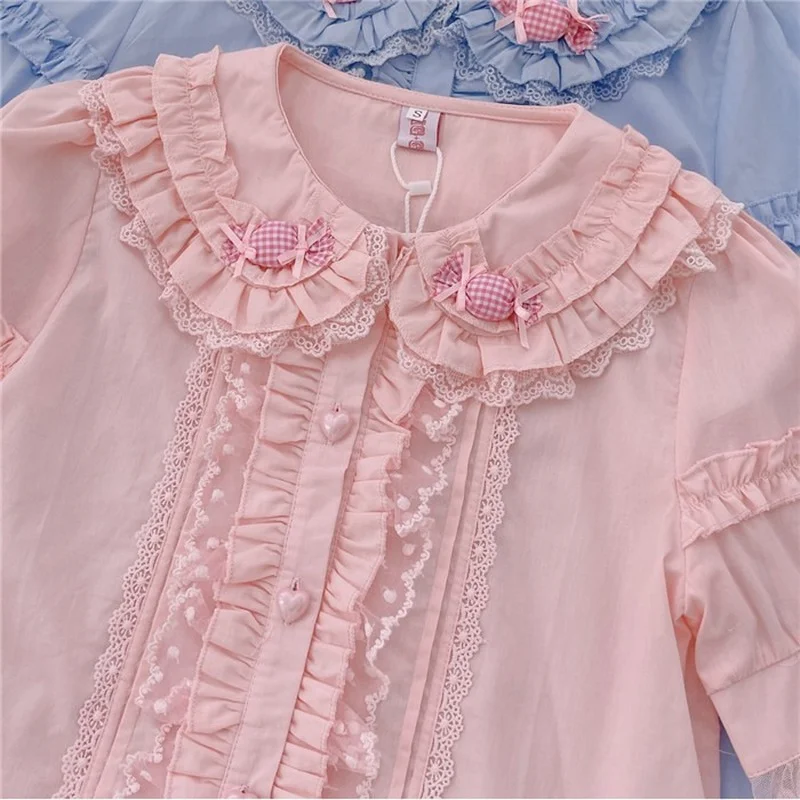 Sweet Lace Lolita Blouse Girly Cute Blue Peter Pan Collar Candy Shirt Women Kawaii Clothing Puff Sleeve Ruffles Bow Blusas Mujer