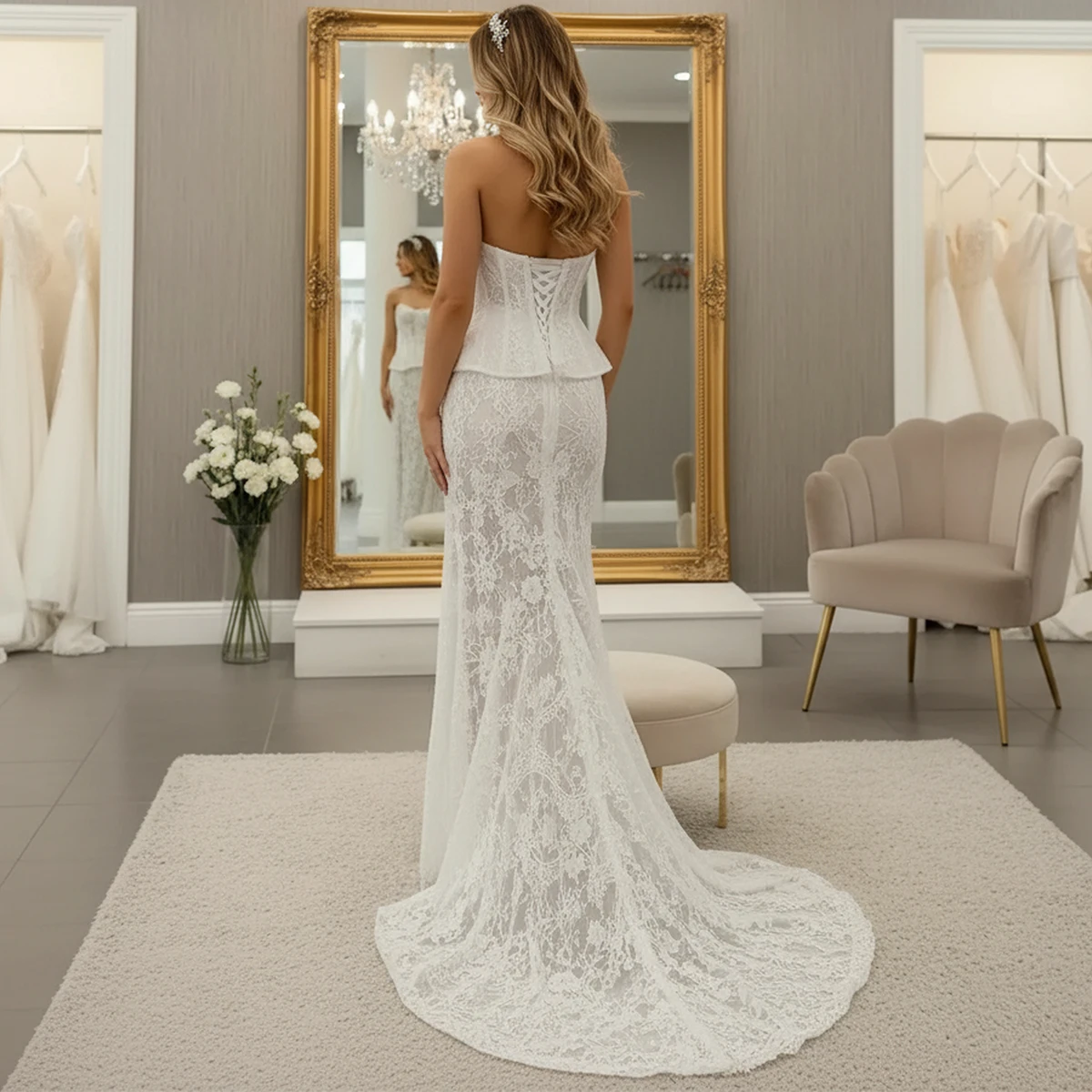 Luxury Mermaid Lace Wedding Dress With Slit Long Sheath Strapless Backless Bridal Party Gown For Bride vestido de novia